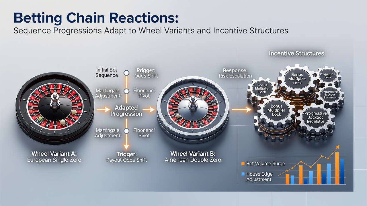 Roulette wheel variants and betting sequence diagrams showing progression adaptations across single-zero and double-zero layouts