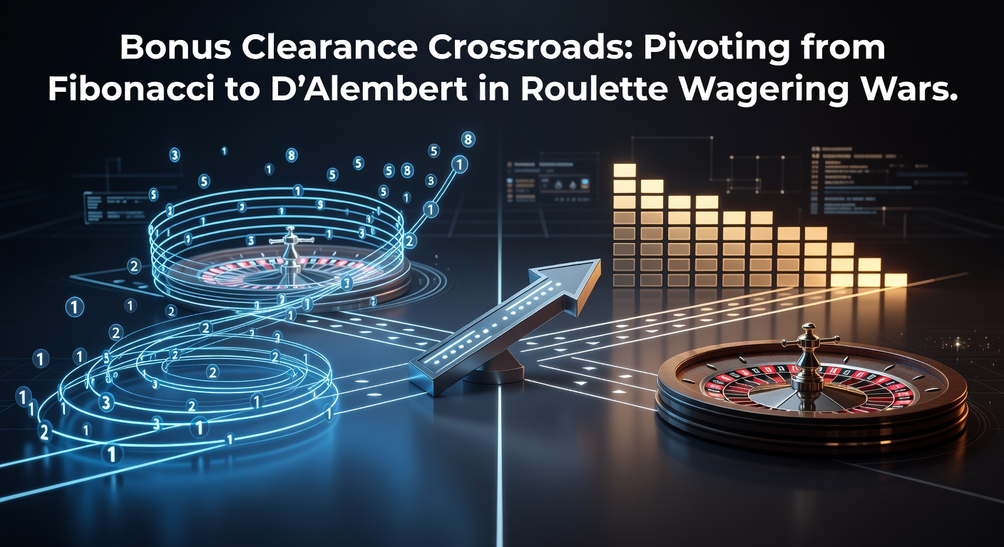 Illustration of roulette wheel with Fibonacci sequence overlay transitioning to D'Alembert progression chart, symbolizing strategic pivot in bonus wagering