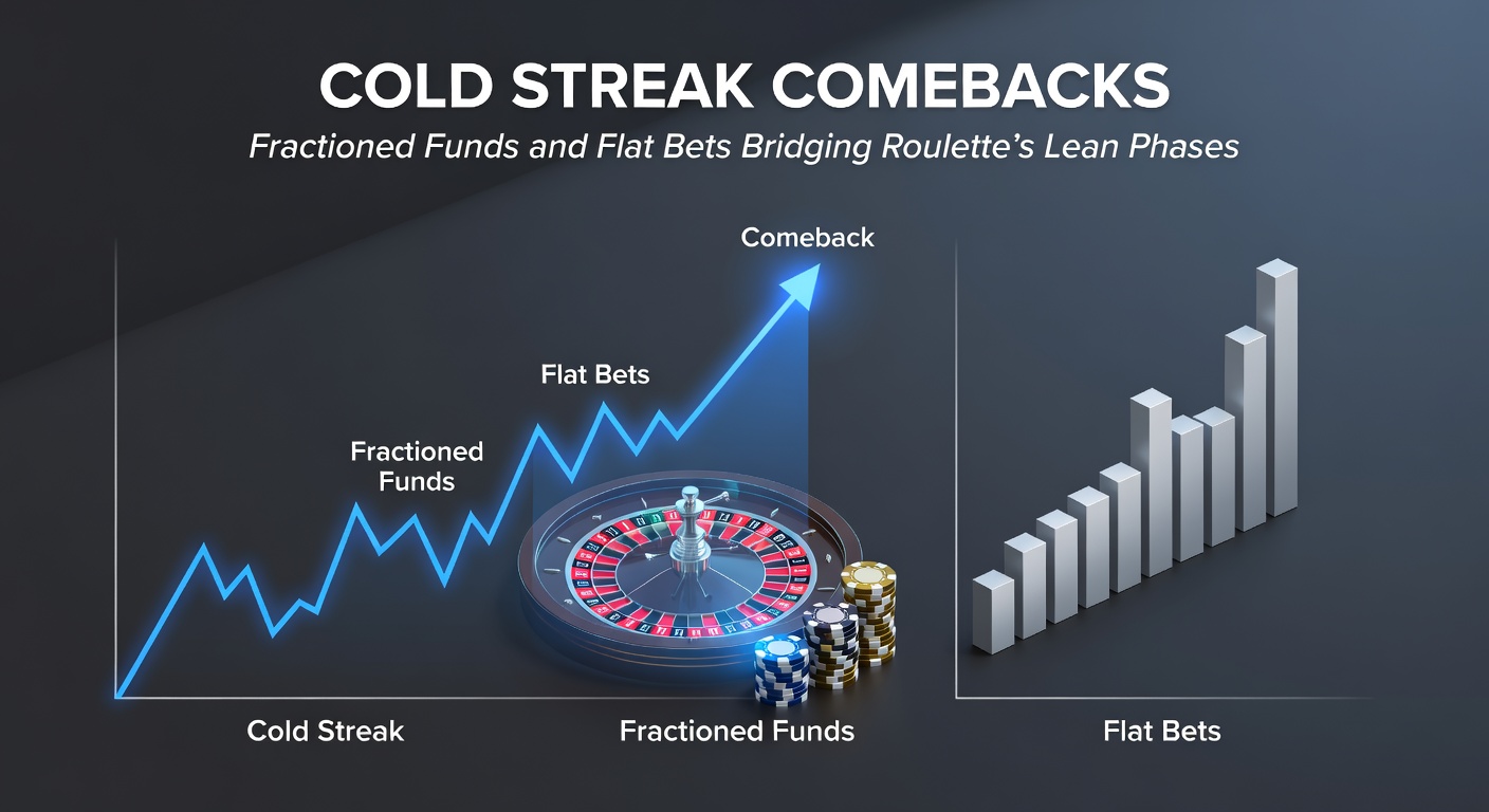 Illustration of fractioned bankroll segments on a roulette table, with flat bet icons overlaying cold streak recovery paths