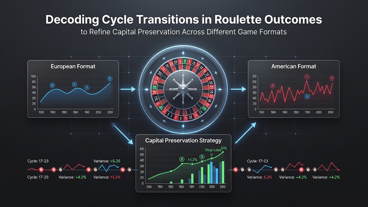 Diagram illustrating roulette outcome cycle transitions across European, American, and French wheel formats with statistical overlays