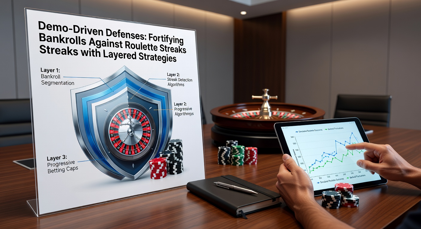 Roulette wheel spinning with demo interface overlay showing bankroll graphs and streak trackers