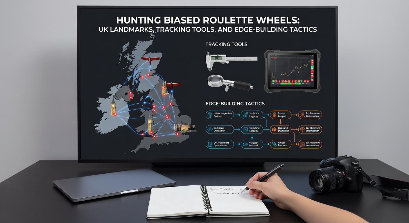 Close-up of a spin-tracking notebook beside a roulette table, illustrating manual tools used by bias hunters in UK casinos