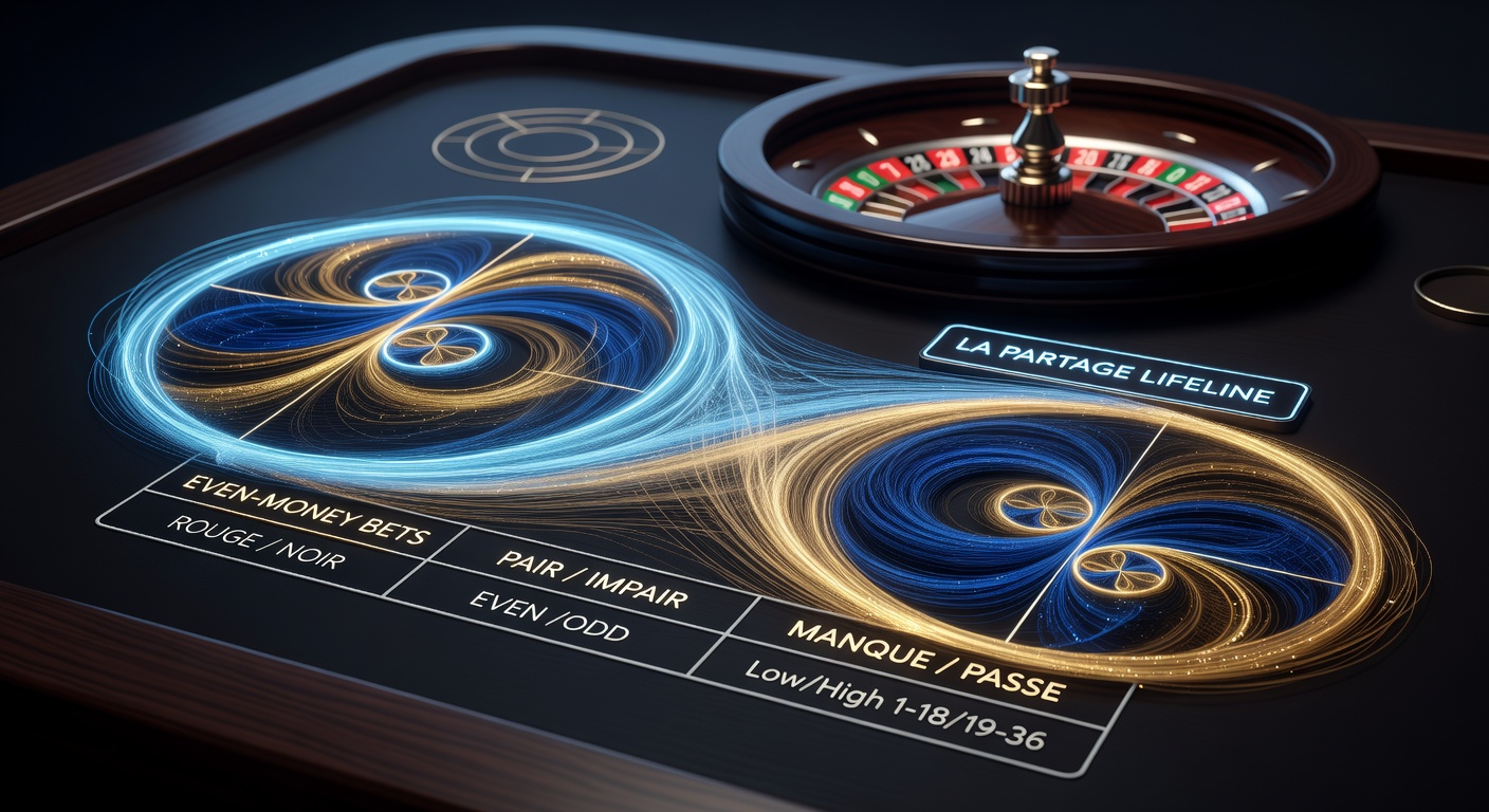 Illustration of a French roulette wheel highlighting the single zero and even-money betting areas with La Partage rule in action