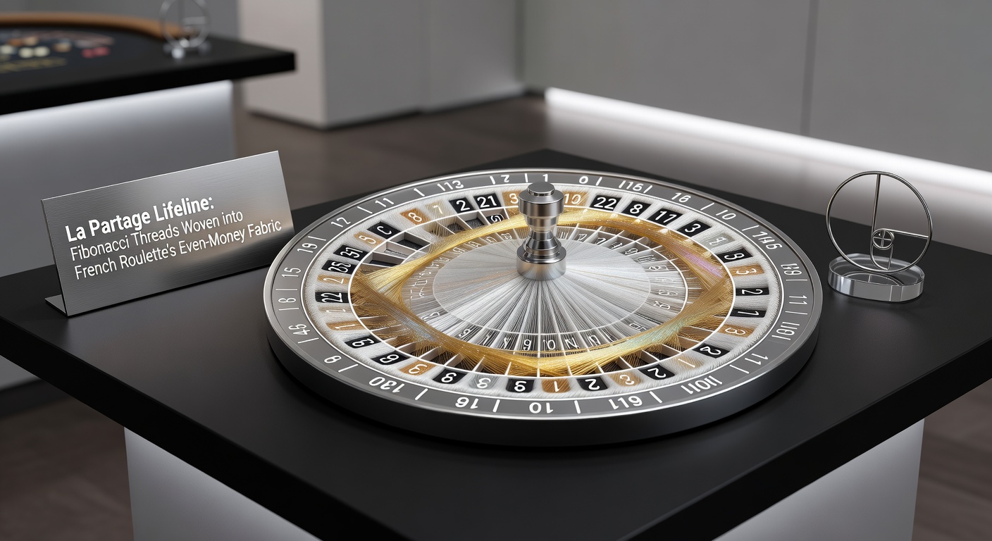Diagram showing Fibonacci betting progression overlaid on a French roulette table, with La Partage half-return arrows on zero outcomes
