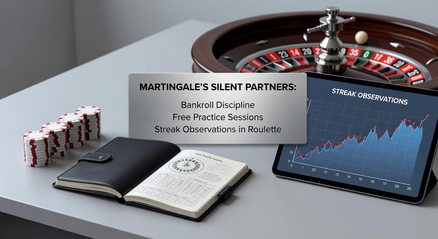 Roulette wheel spinning with chips stacked strategically, illustrating bankroll discipline in Martingale play