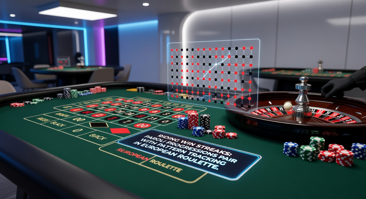 Close-up of Paroli betting progression chart overlaid on a European roulette table, showing tracked hot streaks and chip stacks growing during wins