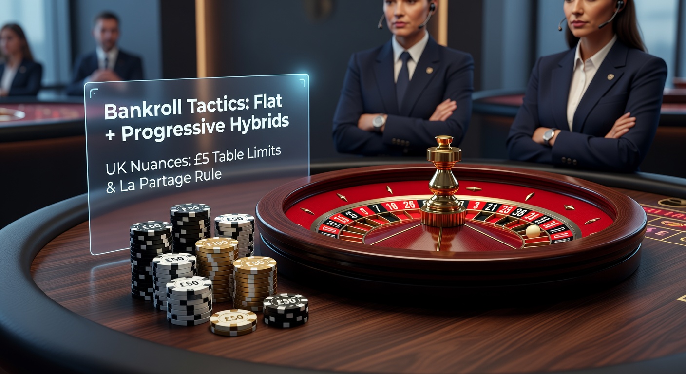 A roulette table in a bustling UK casino, highlighting chips stacked strategically beside progressive bet markers, evoking disciplined bankroll management amid the wheel's spin