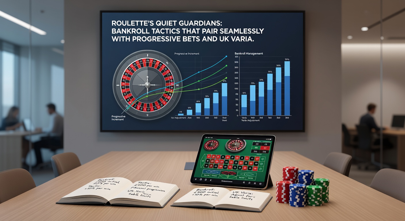 Close-up of a player's notebook detailing bankroll units and progressive sequences on a UK roulette layout, chips arranged to illustrate loss limits and win goals amid the green baize