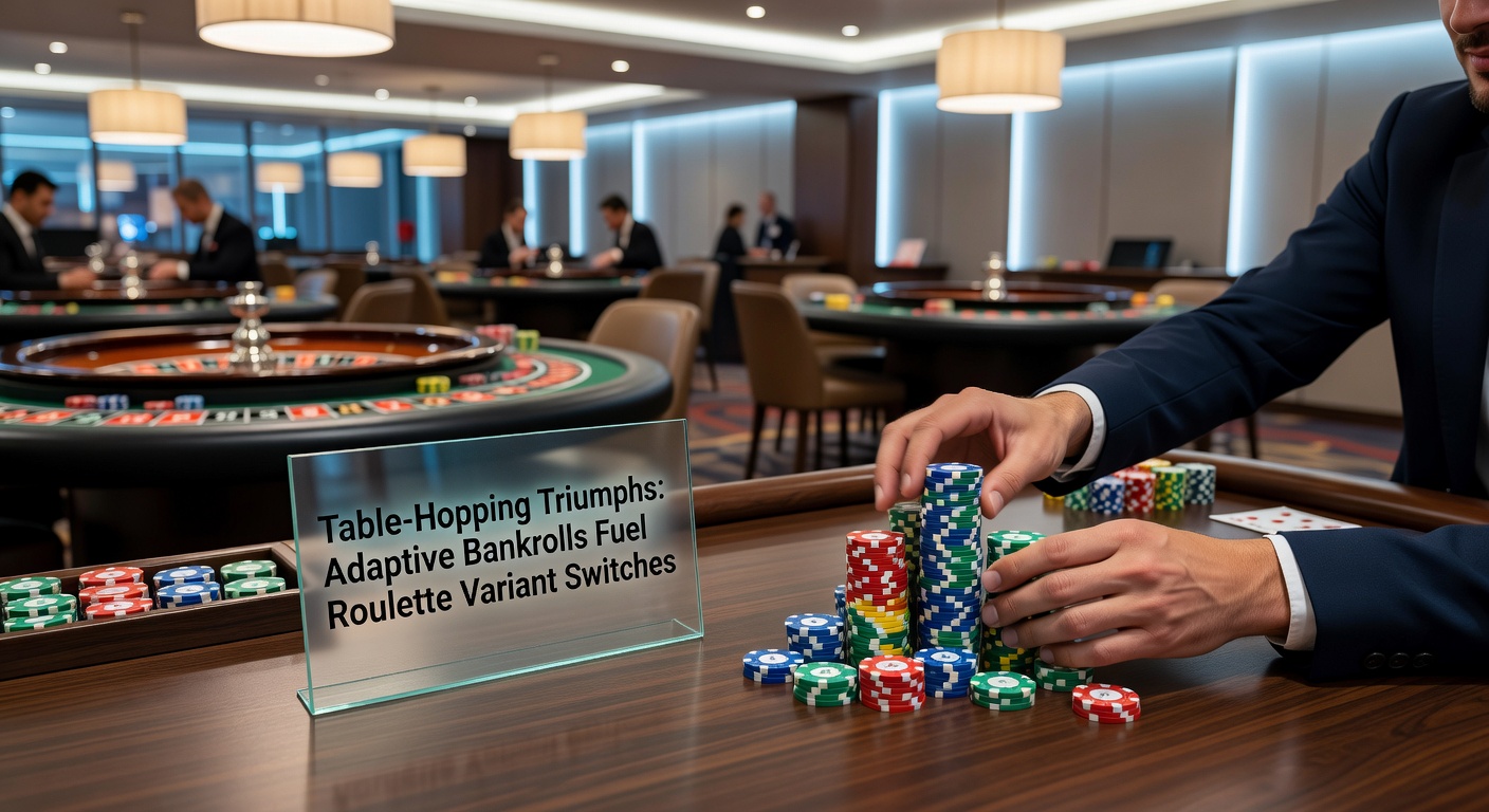 Roulette players switching between variant tables with bankroll charts in the background, illustrating adaptive strategies in action