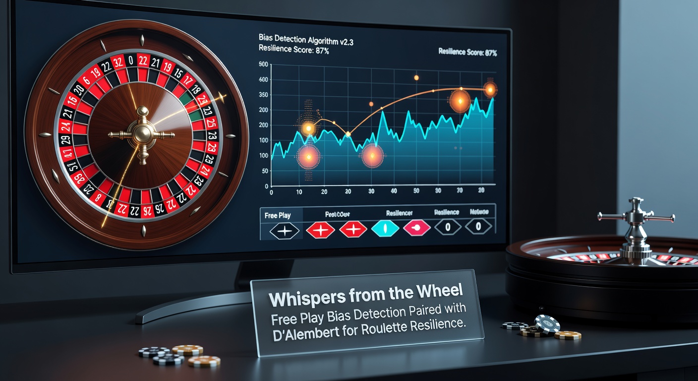 Digital visualization of a roulette wheel with subtle bias indicators glowing faintly amid spinning numbers, highlighting free play tracking overlays
